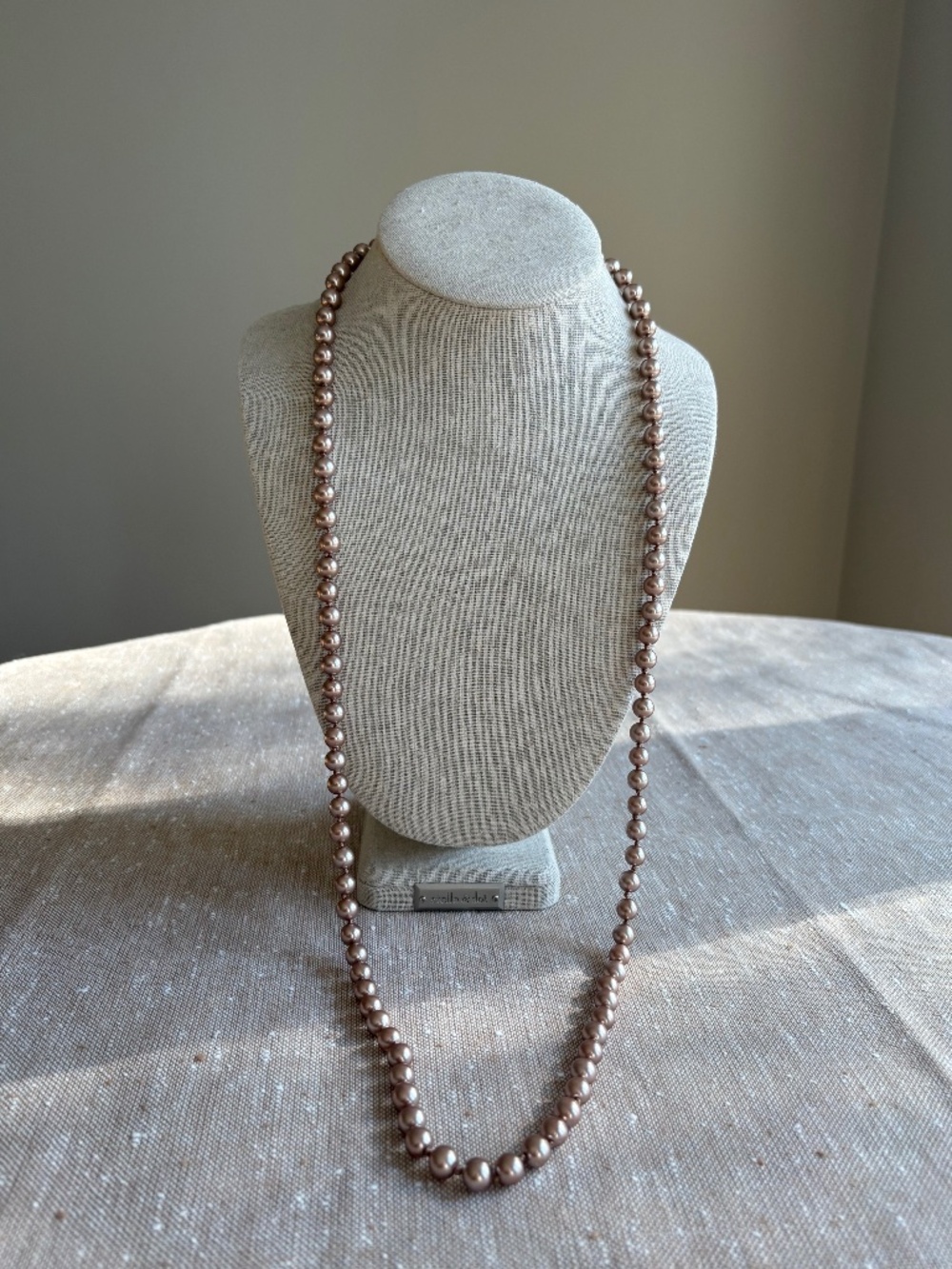 Vintage Hand Knotted Classic Taupe Faux Glass Pearl Long Strand Opera Necklace